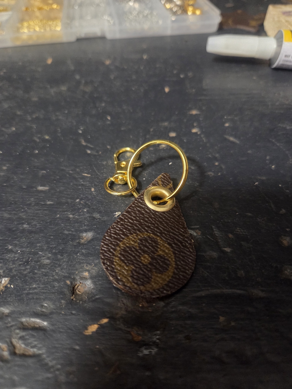Monogram Teardrop Leather Keychain with Gold Hardware
